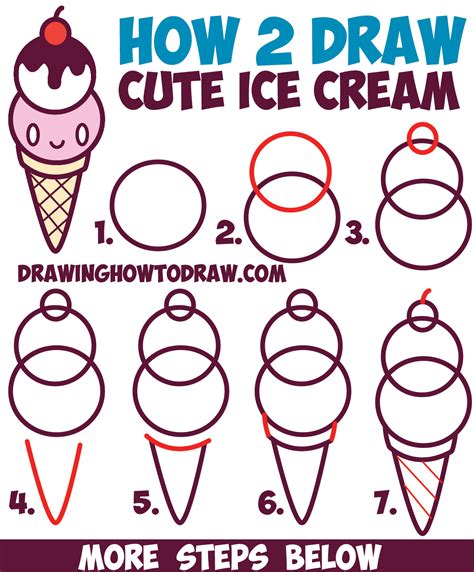 How to Draw Cute Kawaii Ice Cream Cone with Face on It - Easy Step by Step Drawing Tutorial for ...