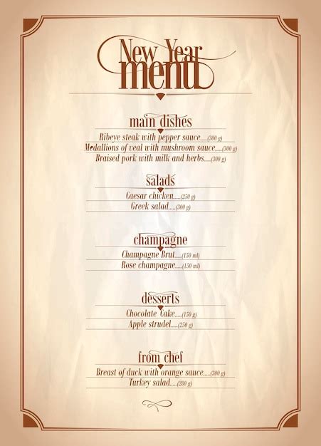 Premium Vector | New Year menu list on a vintage paper, vector holiday menu template