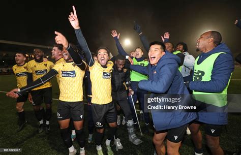 Maidstone United players celebrate after the Emirates FA Cup Second ...