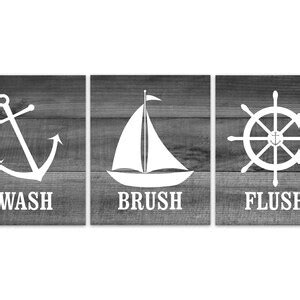Nautical Bathroom Rules Pictures, Wash Brush Flush CANVAS or PRINTS, Set of 3 Kids Bathroom ...