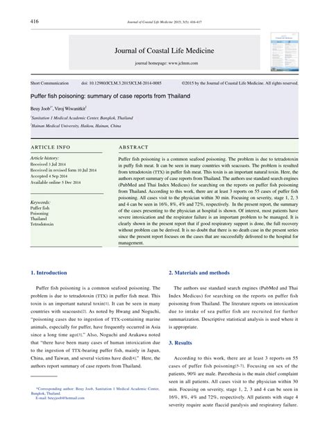 (PDF) Puffer fish poisoning: summary of case reports from Thailand