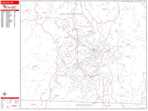 Nashua New Hampshire Zip Code Wall Map (Red Line Style) by MarketMAPS - MapSales