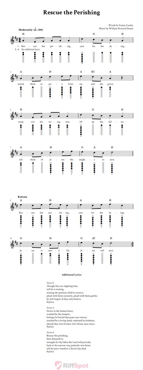 Rescue the Perishing - Tin Whistle Sheet Music and Tab with Chords and Lyrics