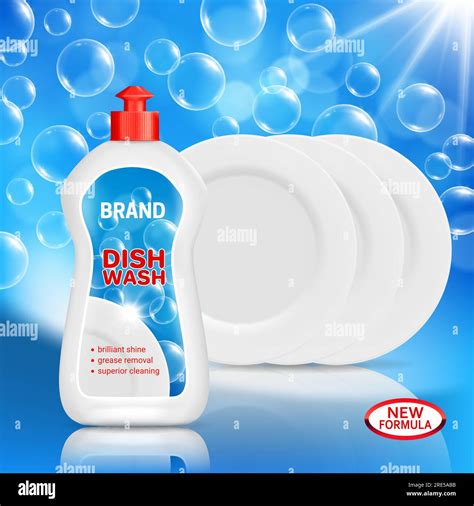 Dish wash liquid soap and clean dishes realistic vector mockup. Dishwashing detergent ...