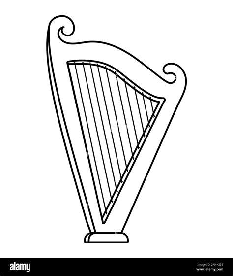 Vector black and white funny harp. Cute Saint Patrick Day musical instrument outline ...