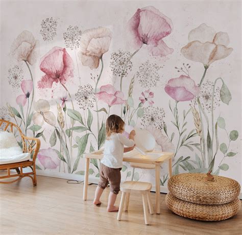 Watercolor Poppy Floral Wallpaper Hand Paint Soft Flower - Etsy