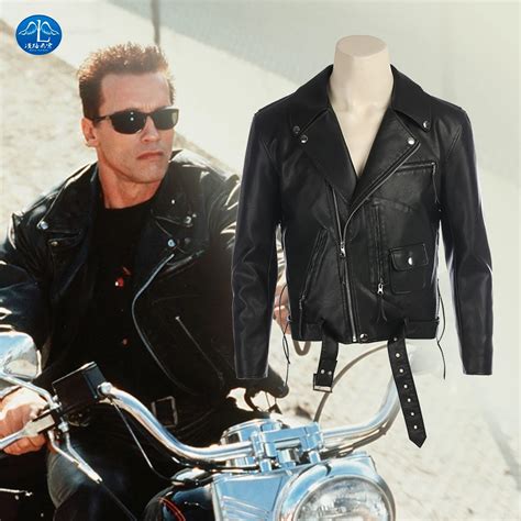 Movie Terminator T 800 Cosplay Costume Black Leather Jacket Performance Costume Men Leather ...