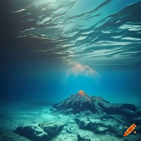 Underwater view of a volcano with sunlight on Craiyon