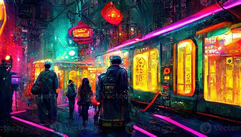 Streets of cyberpunk city, colorful city lights neon signs futuristic ...