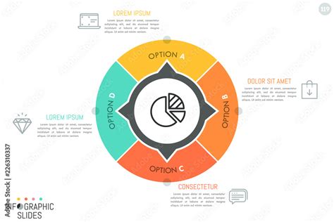 Circular pie chart divided into 4 sectors with arrows pointing at text boxes and linear icons ...