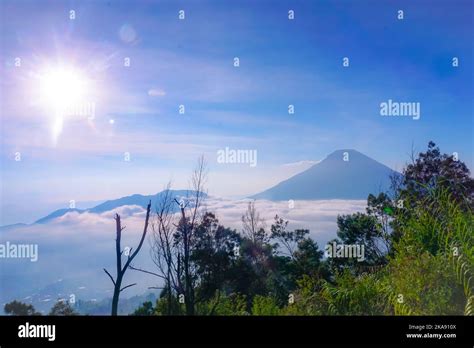 Beautiful sunrise view from sikunir dieng Indonesia. Mountain with ...