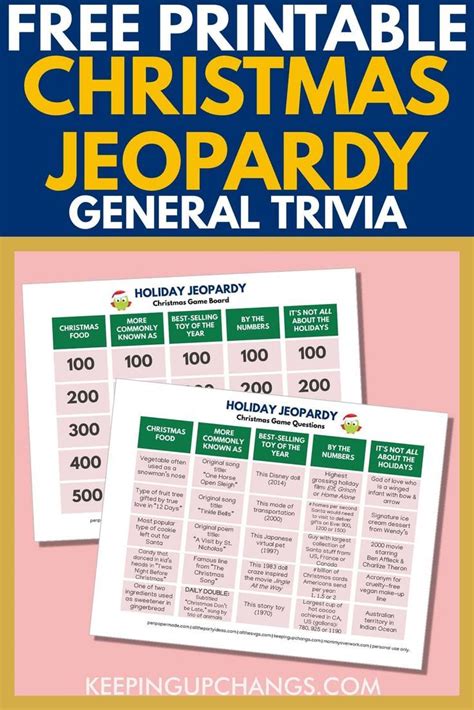 Free Christmas Jeopardy General Trivia Game Board Printable PDF ...