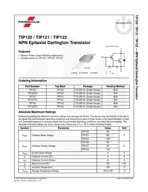 TIP122 Datasheet - NPN Epitaxial Darlington Transistor