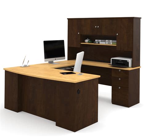 Modern White & Antigua U-Shaped Office Desk with Hutch - OfficeDesk.com