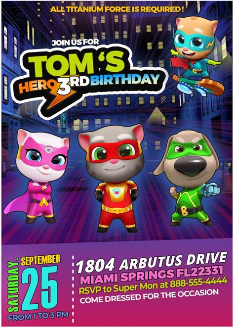 the poster for tom's hero birthday party with three cartoon characters on purple background