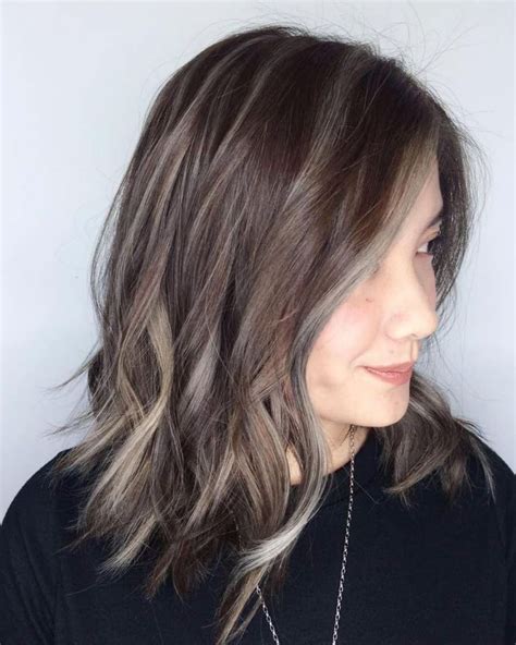 Choppy Brown Lob With Gray Highlights | Brown hair pictures, Hair color ...