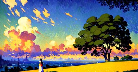Retro Anime Landscape Digital Painting Wall Art Generative AI Stock Illustration - Illustration ...