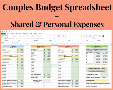 Couples Budget Spreadsheet With Monthly Shared & Personal Expense ...