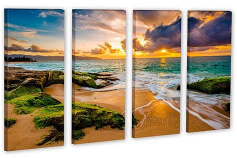 Hawaii beach with Golden Sunset Canvas Print. 3 Panel Split, Triptych ...