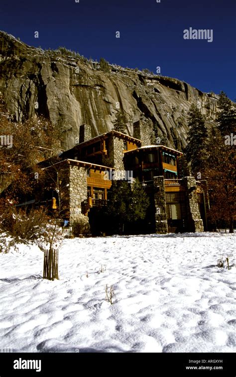 In winter, snow blankets the grounds around the upscale Ahwahnee Hotel ...