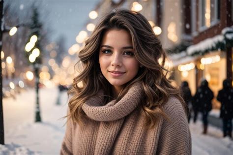 Premium AI Image | gorgeous girl in winter sweater over street background winter season snow ...