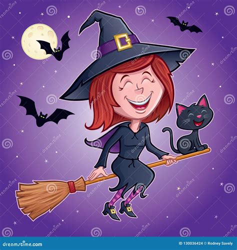 Laughing Witch On Her Broomstick With Cat Stock Illustration ...