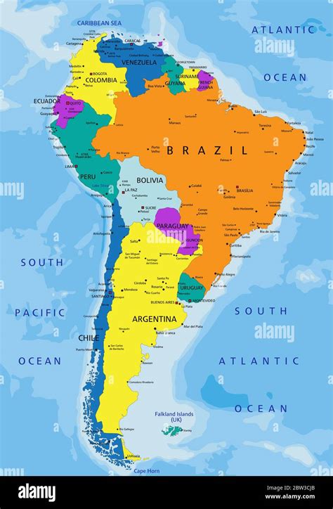 Colorful South America political map with clearly labeled, separated layers. Vector illustration ...