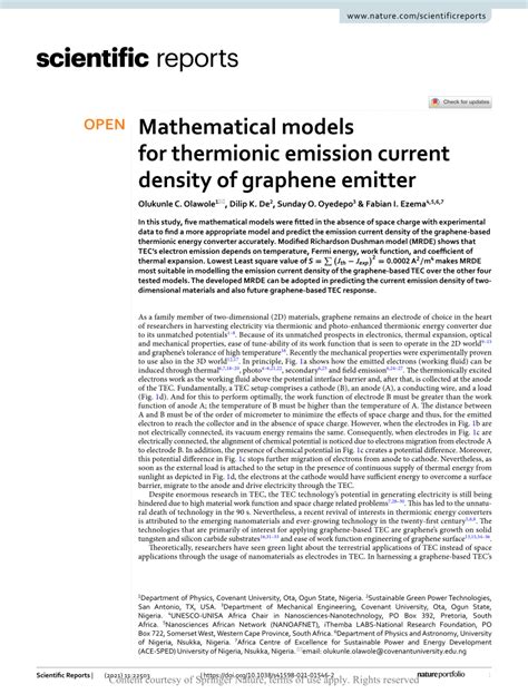 (PDF) Mathematical models for thermionic emission current density of graphene emitter