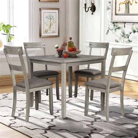 5 Piece Dining Table Set for 4 Persons, Farmhouse Wooden Kitchen Table ...