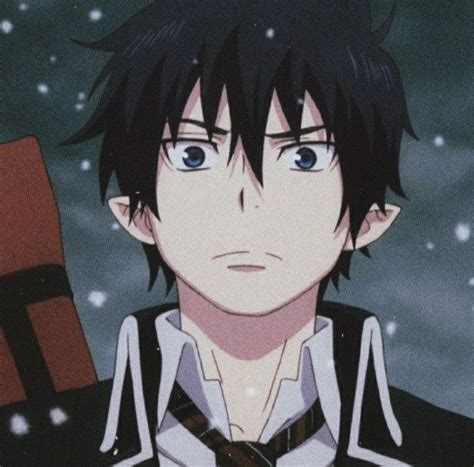 an anime character with black hair and blue eyes in front of snow ...