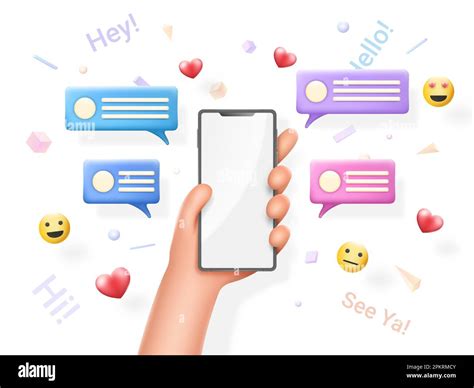 Friends conversation, phone emoji messages. Hand hold smartphone with white blank screen, speech ...
