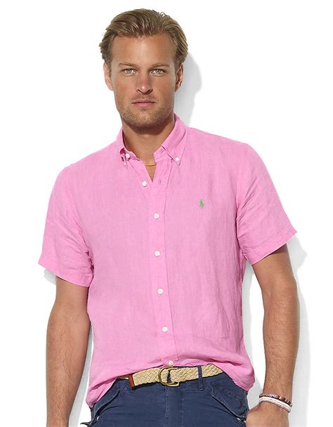 Lyst - Polo Ralph Lauren Customfit Shortsleeved Linen Shirt in Pink for Men