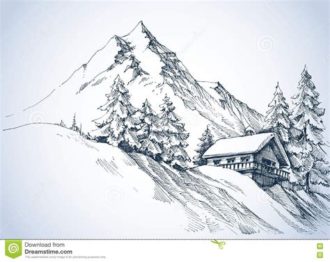 Illustration about Winter landscape in the mountains. A cabin in the snow and beautiful nature ...