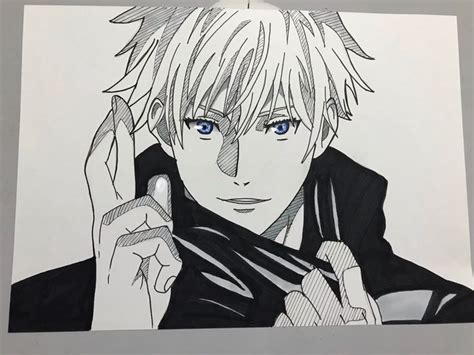 a drawing of an anime character with blue eyes holding a cell phone to his ear