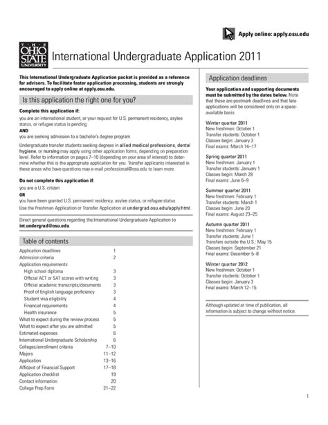 Ohio State University Application Form for Admission Free Download