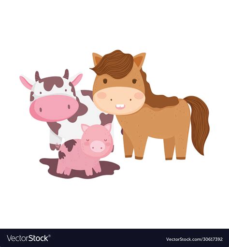 Farm animals horse cow and pig in mud cartoon Vector Image