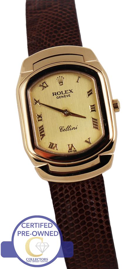 Ladies Vintage Rolex Cellini Geneve 6631 24mm 18K Yellow Gold Leather ...