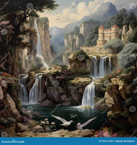 Waterfall with Castle Wallpaper Watercolor Painting Stock Illustration ...