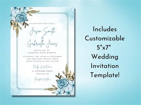 Editable Wedding Invitation Blue Rose Floral Minimalist - Etsy