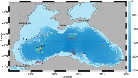 The Black Sea topography. The colour bar indicates the ocean depth in ...