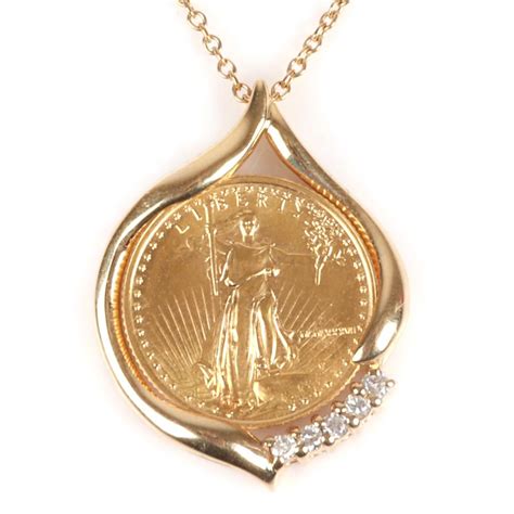 Lot - Necklace with 1987 1/10 0Z. 5 Dollar Gold Eagle Bullion coin, 14K YG B.A.B chain and prong ...