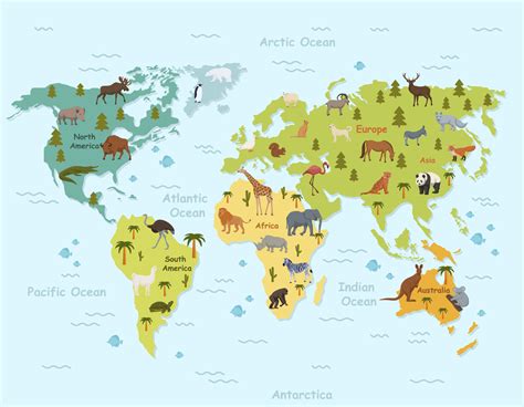 Habitat animals on world map clipart. Green topographic continents with ocean and tropical ...