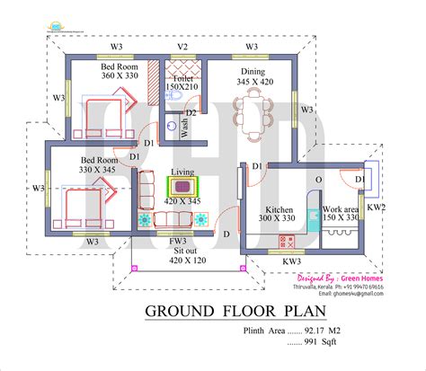 991 Square Feet 2BHK Kerala Low Budget Home Design With Plan - Home Pictures