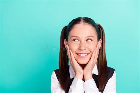 Photo Portrait Little Girl Smiling Happy Amazed Touching Cheek Looking Blank Space Isolated ...