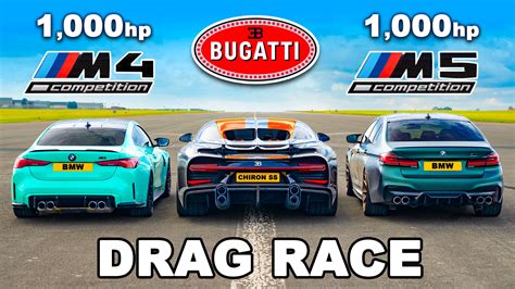 Drag race: Bugatti Chiron Super Sport vs tuned BMW M5 vs tuned BMW M4 | Carwow