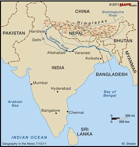 This picture shows the location of the Ganges river, in India. | Ganges, Map, River