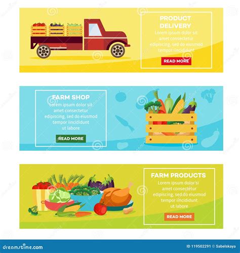 Vector Farmer Products Delivery Banners Set Stock Vector - Illustration of food, label: 119502291