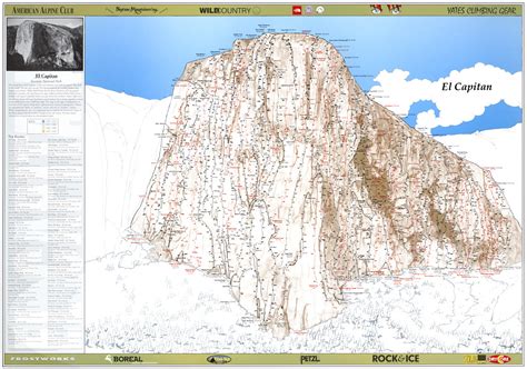 A map of the dozens of rock climbing routes up the cliffs of El Capitan ...