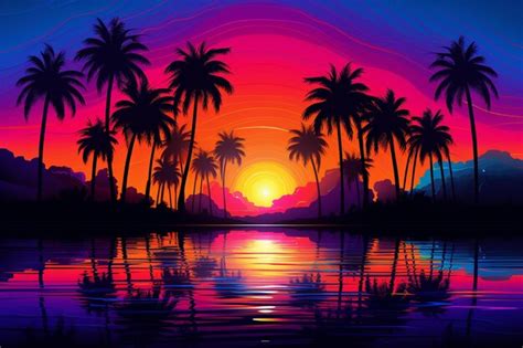 Premium Photo | Retro Sunset Palm Trees Illustration Background