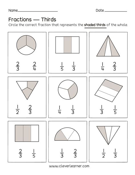 Fun activity on fractions, Thirds worksheets for children